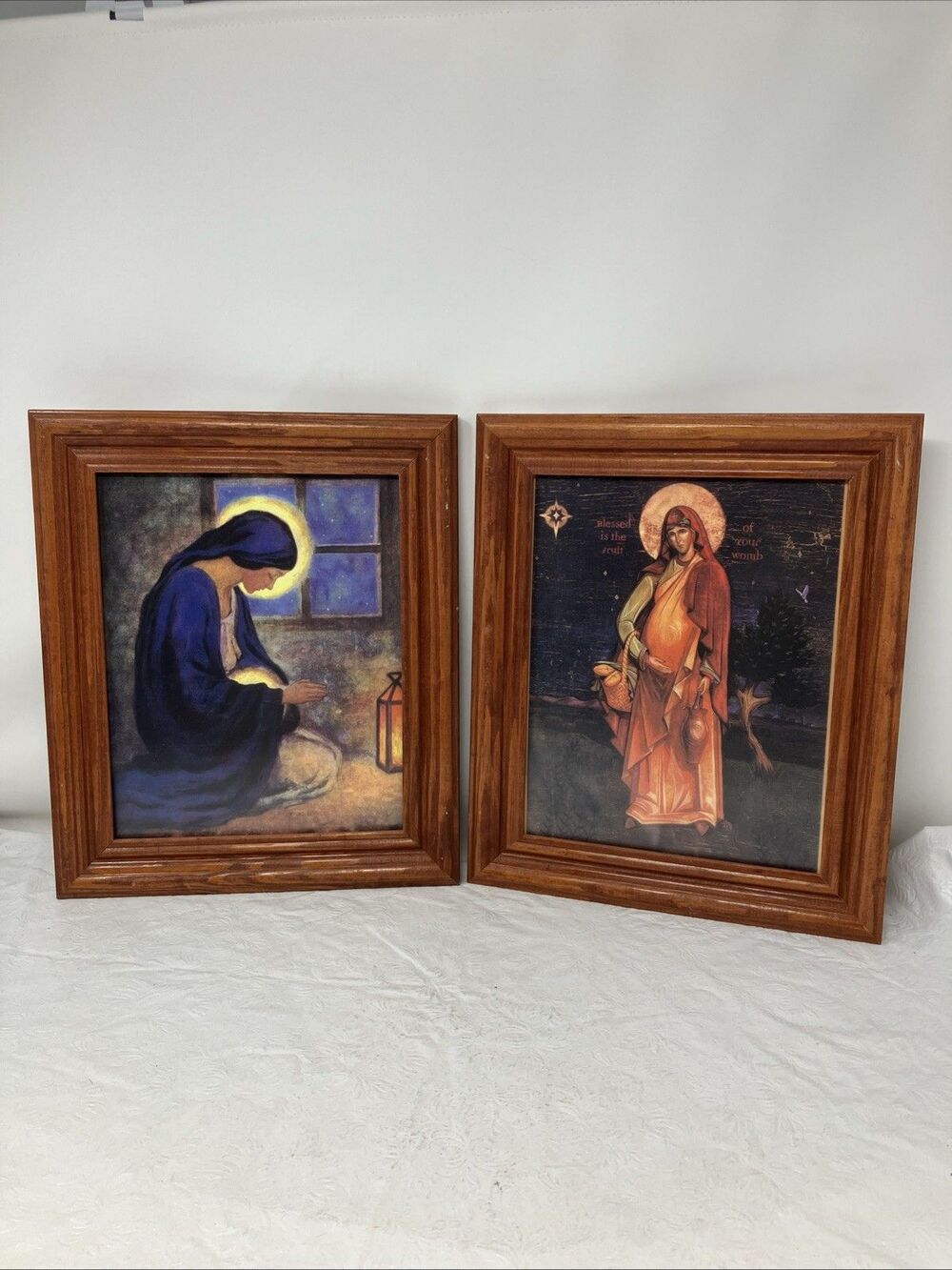 Vintage Religious Madonna Virgin Mary Pregnant Wood Frame Wall Art Lot Of 2